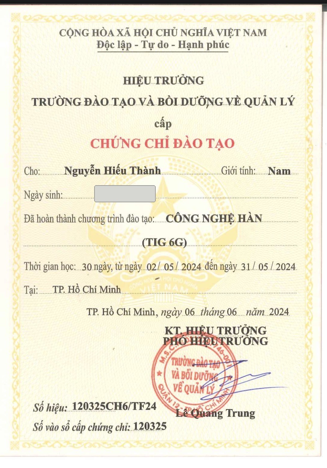 Chứng chỉ đào tạo TIG 6G của Nguyễn Hiếu Thành
